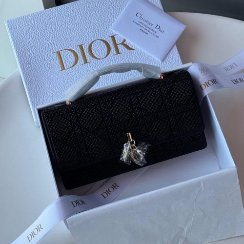 Dior My Dior Mini Black Cannage Microbead Fabric & Leather Shoulder Bag