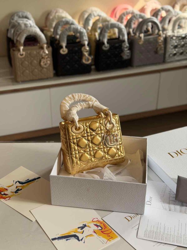 Dior Lady Dior Mini Gold Metallic Bag