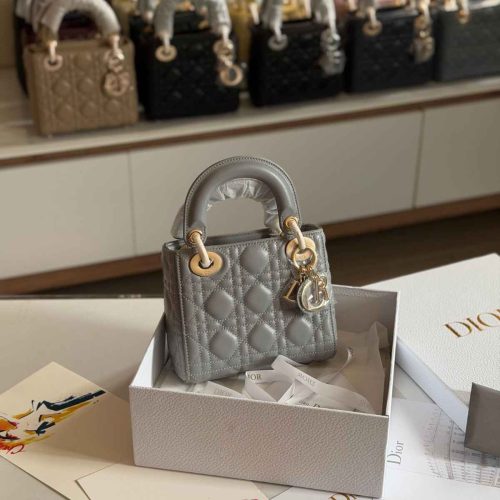 Dior Lady Dior Mini Grey Lambskin Bag