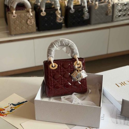 Dior Lady Dior Mini Maroon Patent Bag