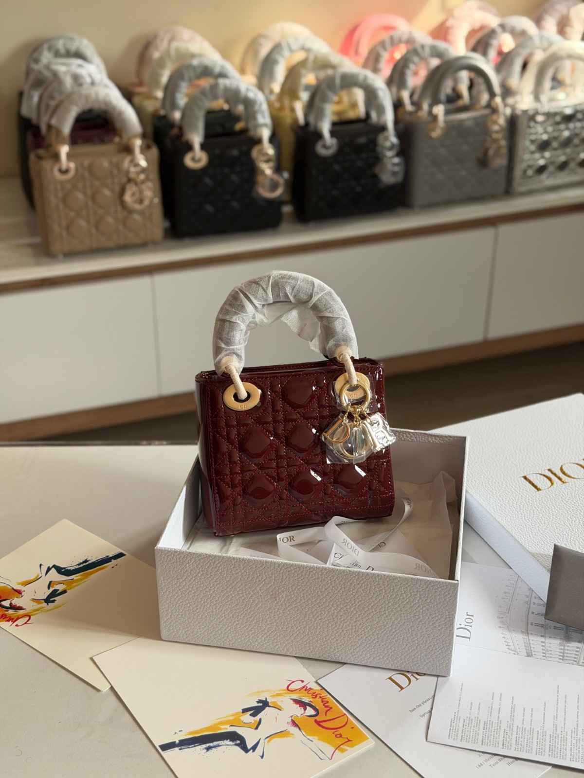 Dior Lady Dior Mini Maroon Patent Bag Dior Lady Dior Mini Maroon Patent Bag