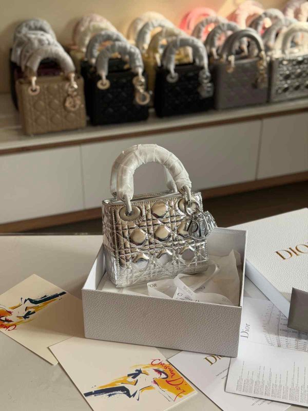 Dior Lady Dior Mini Silver-Tone Metallic Bag