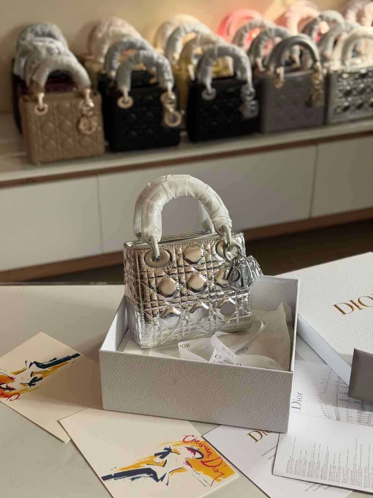 Dior Lady Dior Mini Silver-Tone Metallic Bag Dior Lady Dior Mini Silver-Tone Metallic Bag