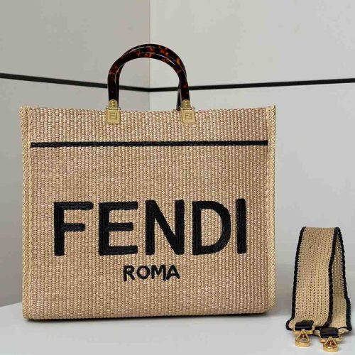Fendi Sunshine Tote Logo Raffia Beige