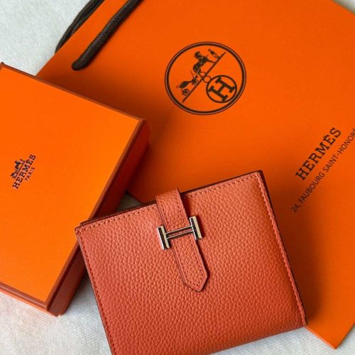 Hermes Bearn Compact Bifold Wallet In Orange Epsom Leather Silver Hardware