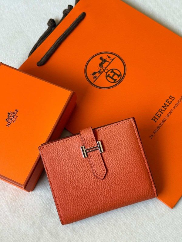 Hermes Bearn Compact Bifold Wallet In Orange Epsom Leather Silver Hardware