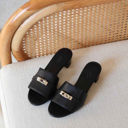 Hermes Gigi 50 Sandals In Black Calfskin Silver Kelly Buckle