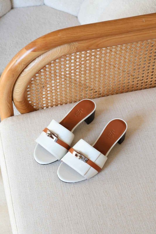 Hermes Gigi 50 Sandals In White And Nuturel Line Silver Kelly Buckle