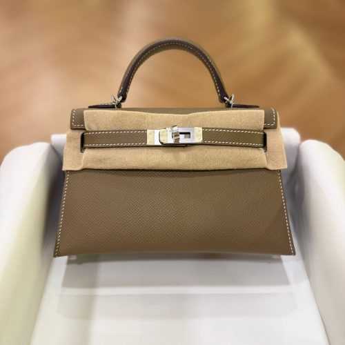 Hermes Mini Kelly 20 White Stitching Etoupe