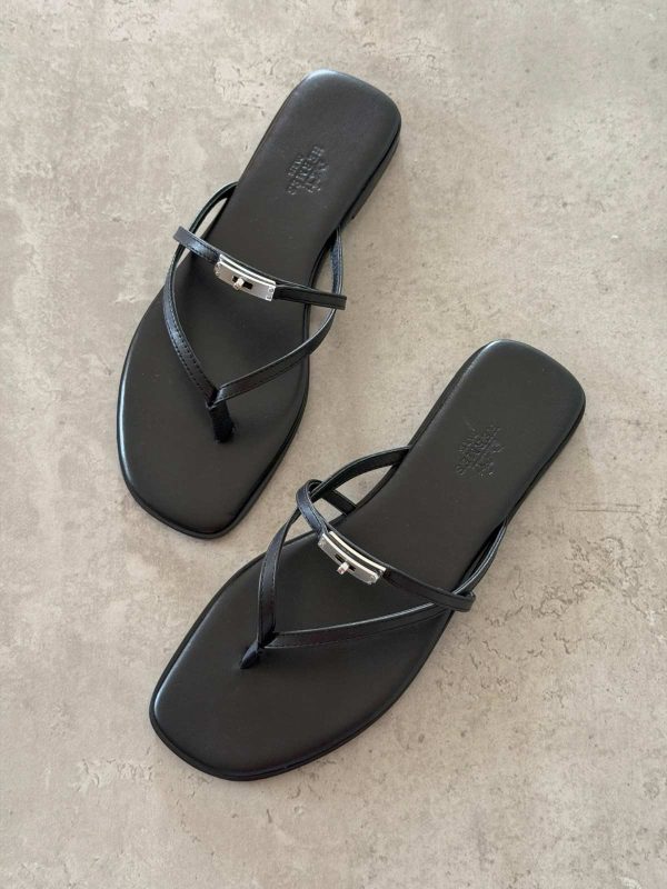 Hermes Miss Sandal Black Calfskin Leather With Mini Kelly Buckle