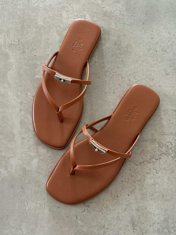 Hermes Miss Sandal Brown Calfskin Leather With Mini Kelly Buckle