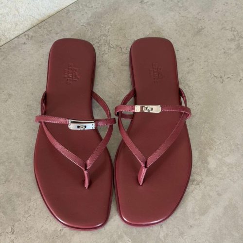 Hermes Miss Sandal Burgundy Calfskin Leather With Mini Kelly Buckle