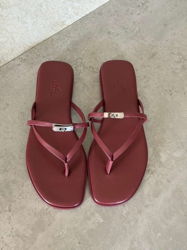 Hermes Miss Sandal Burgundy Calfskin Leather With Mini Kelly Buckle