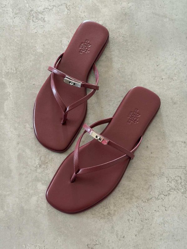 Hermes Miss Sandal Burgundy Calfskin Leather With Mini Kelly Buckle