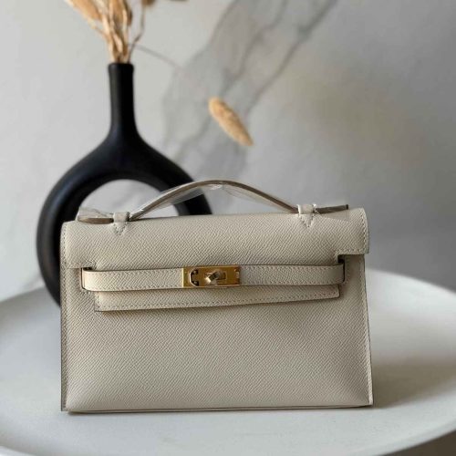 Hermes Kelly Pochette Craie Swift Leather Bag