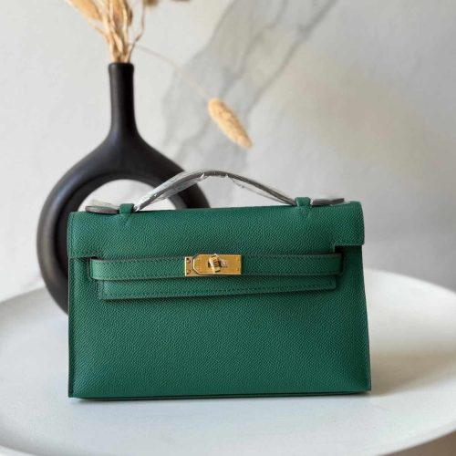 Hermes Kelly Pochette Green Swift Leather Bag
