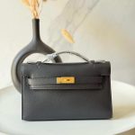 Hermes Kelly Pochette Noir Black Swift Leather Bag