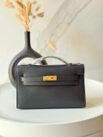 Hermes Kelly Pochette Noir Black Swift Leather Bag