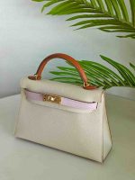 Hermes Mini Kelly Sellier 20 Craie & Mauve Pale & Gold Epsom Leather Bag