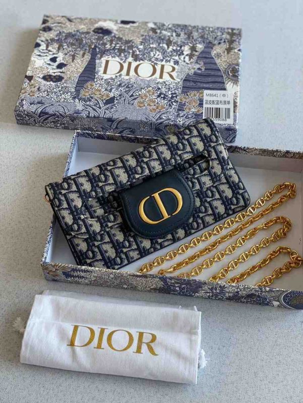 Christian Dior Small Blue Oblique Diordouble Chain Clutch Bag