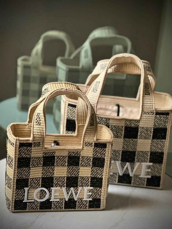 Loewe Font Raffia Bag Beige Black Checkerboard
