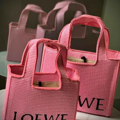 Loewe Font Raffia Tote Bag Pink