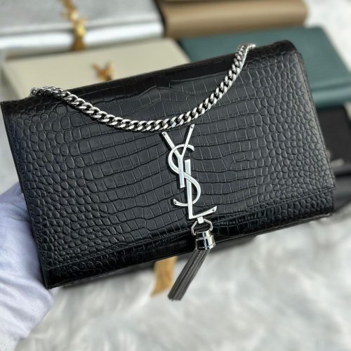 Saint Laurent Black Crocodile Embossed Calfskin Medium Kate Tassel Chain Bag
