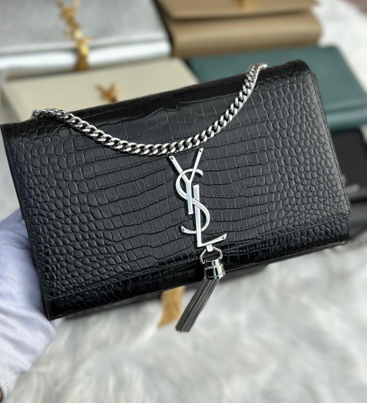 Saint Laurent Black Crocodile Embossed Calfskin Medium Kate Tassel Chain Bag
