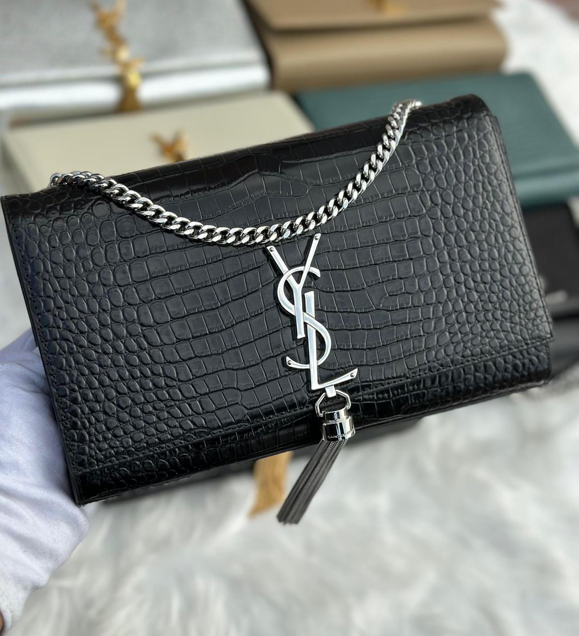 Saint Laurent Black Crocodile Embossed Calfskin Medium Kate Tassel Chain Bag Saint Laurent Black Crocodile Embossed Calfskin Medium Kate Tassel Chain Bag