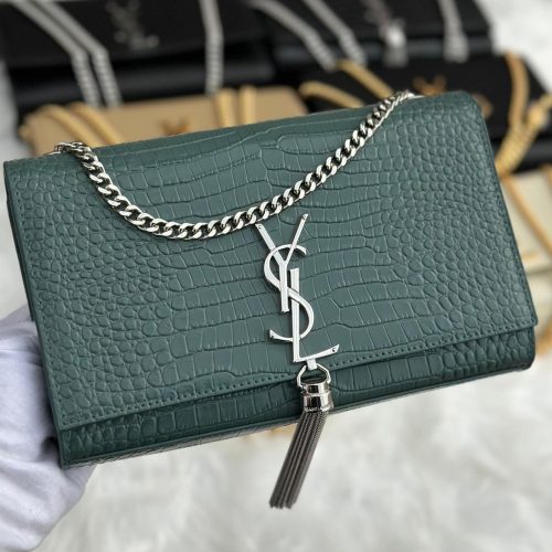 Saint Laurent Green Crocodile-Embossed Leather Medium Kate Tassel Chain Bag