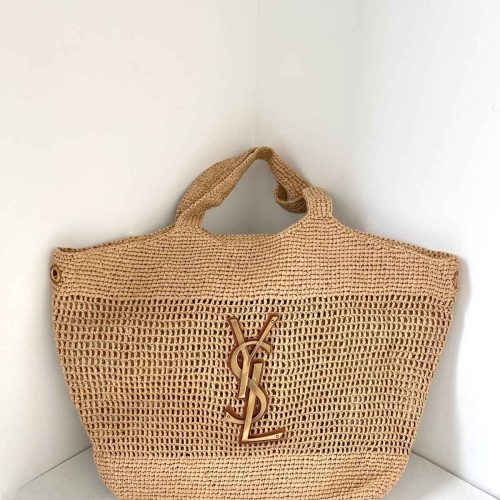 Saint Laurent Icare Shopping Tote In Raffia Naturel And Brown Gold​