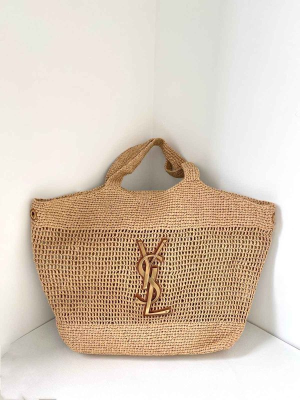 Saint Laurent Icare Shopping Tote In Raffia Naturel And Brown Gold​