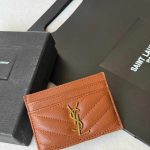 YSL Monogram Card Holder Brown Leather