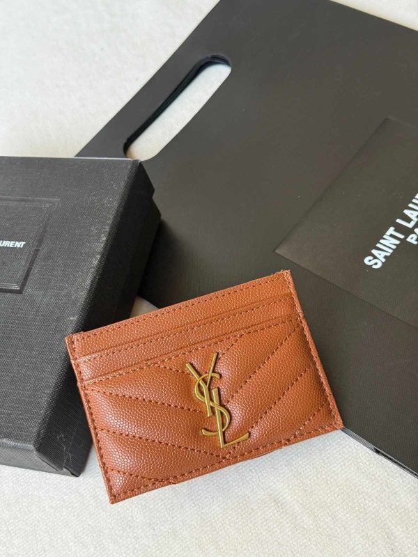 YSL Monogram Card Holder Brown Leather