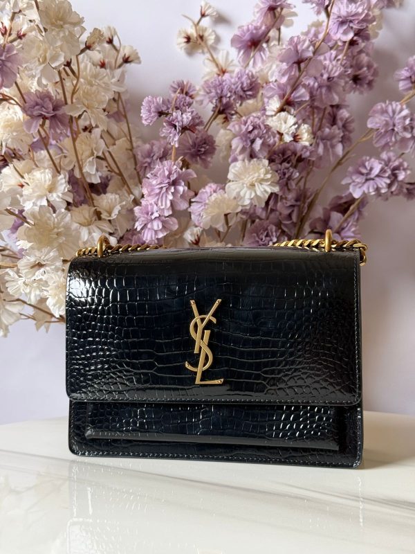 YSL Sunset Bag Small Black Crocodile