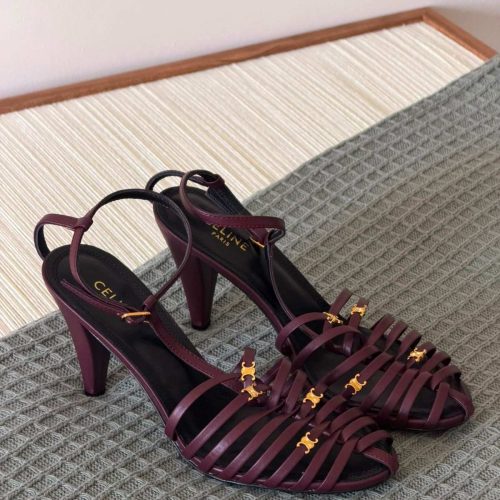 Celine Cage Heeled Sandals Crafted Burgundy Goatskin Triomphe GHW