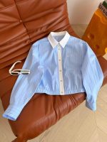 Celine Cropped Striped Button Up Shirt Blue (1)