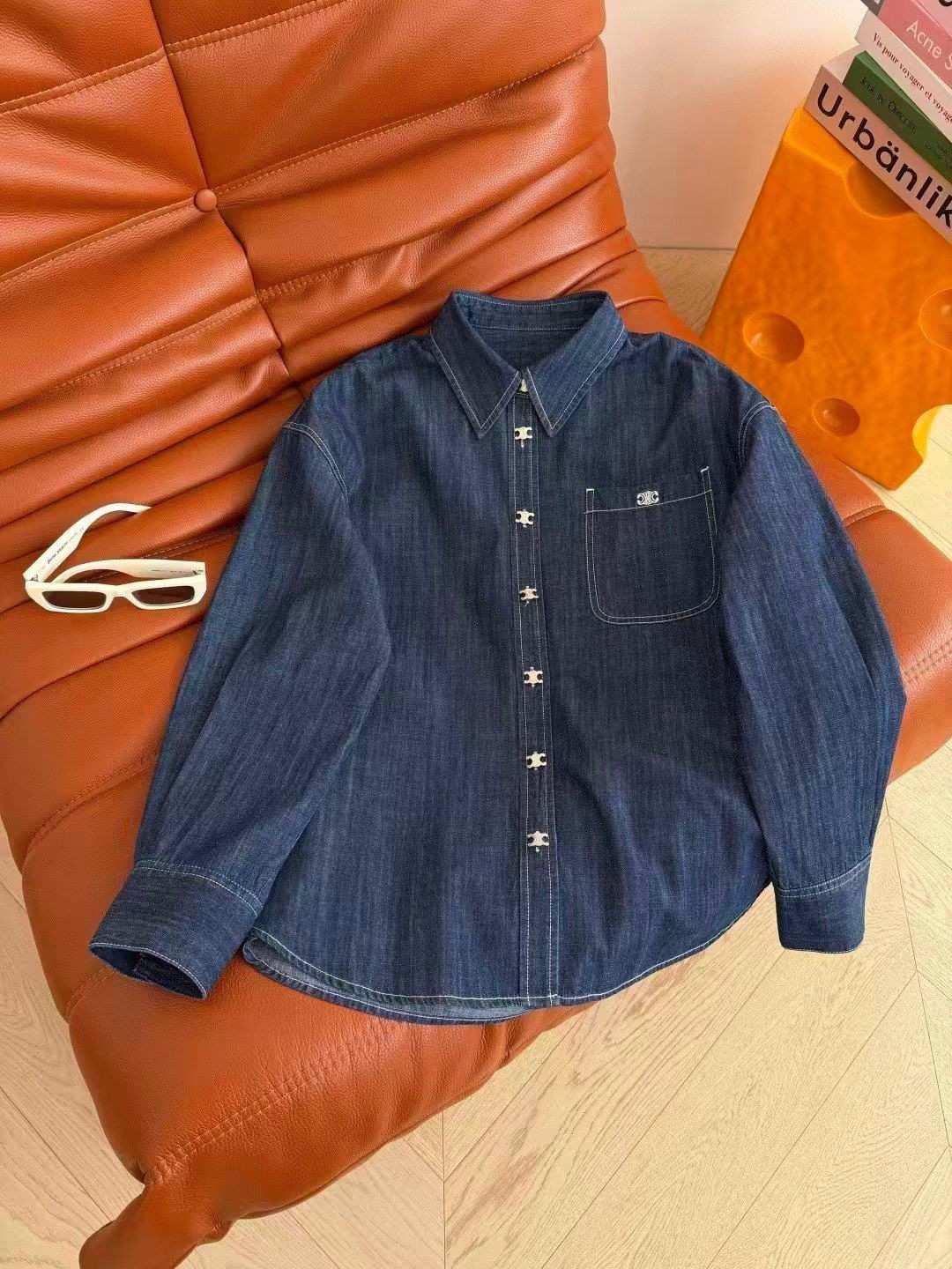 Celine Triomphe Embroidered Dark Wash Denim Overshirt (2) Celine Triomphe Embroidered Dark Wash Denim Overshirt