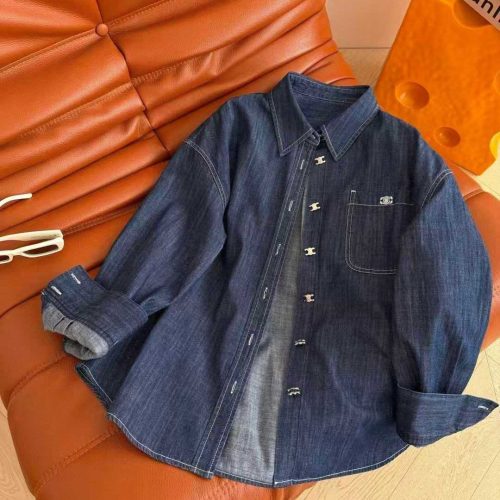 Celine Triomphe Embroidered Dark Wash Denim Overshirt