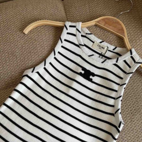 Celine Triomphe Striped Ribbed Tank Top in Black and White