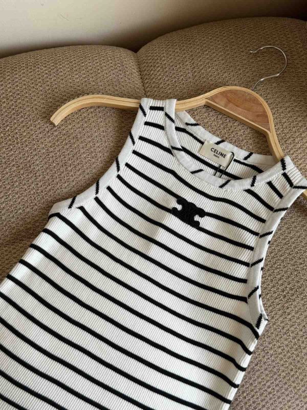 Celine Triomphe Striped Ribbed Tank Top in Black and White