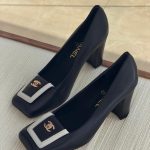 Chanel 26S Blazy Black Slingback Heels With White Square Toe And Block Heel