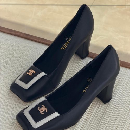 Chanel 26S Blazy Black Slingback Heels With White Square Toe And Block Heel