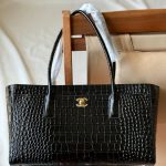 Chanel 26S Small Cerf Shopping Bag Black Croc Embossed Calfskin