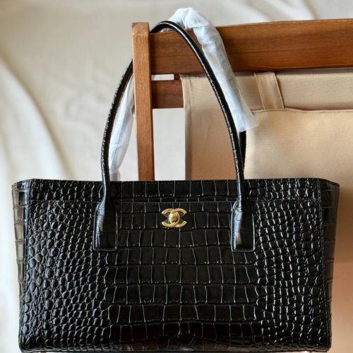 Chanel 26S Small Cerf Shopping Bag Black Croc Embossed Calfskin