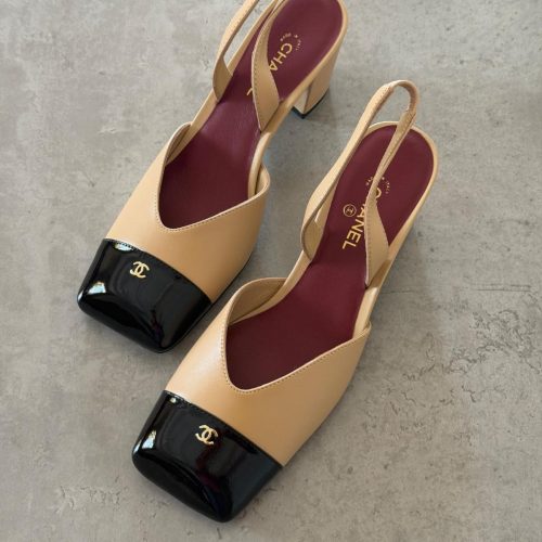 Chanel Beige Leather Slingback Heels With Black Cap Toe And Block Heel