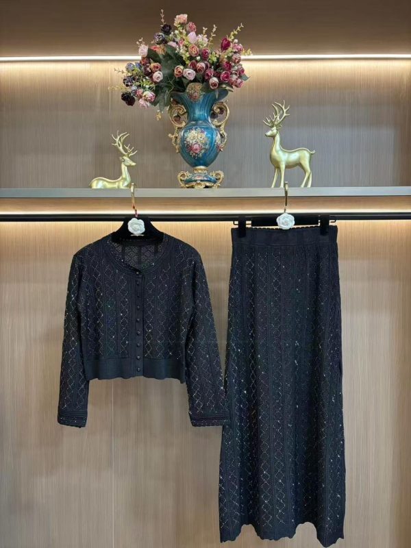 Chanel Black Knit Cardigan & Long Skirt Two-Piece Set