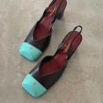 Chanel Black Leather Slingback Heels With Blue Cap Toe And Block Heel