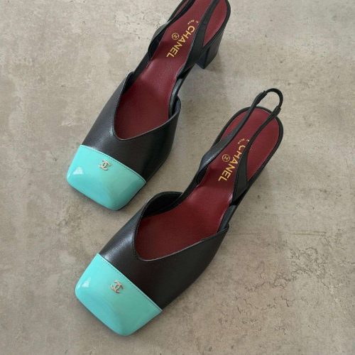 Chanel Black Leather Slingback Heels With Blue Cap Toe And Block Heel