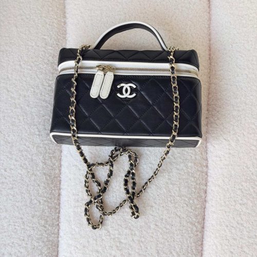 Chanel Black Quilted Lambskin Top Handle Vanity Case With White Trim
